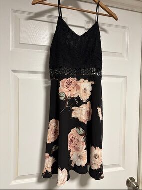 Black Floral Lace Bodice Slip Dress